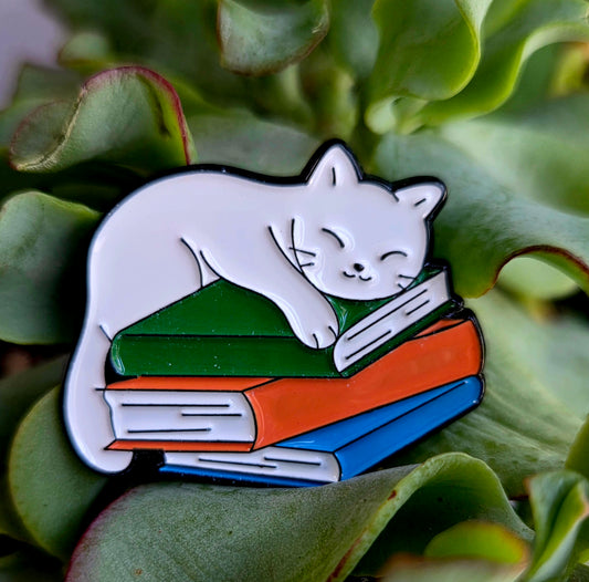 White Cat Book Stack PIn