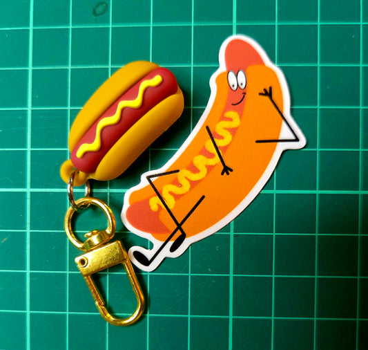 Hot Dog Combo (hot dog keychain + the lounging hot dog sticker)