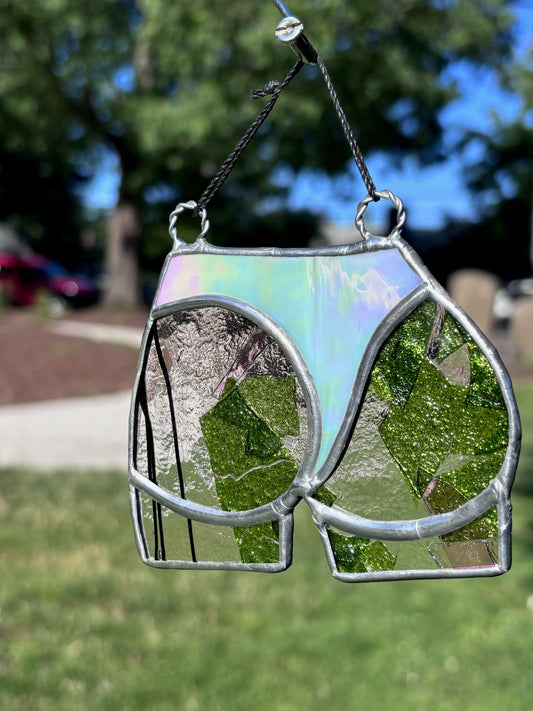 Juicy Butt Stained Glass (green/pink clear collage cheeks + white iridescent thong)
